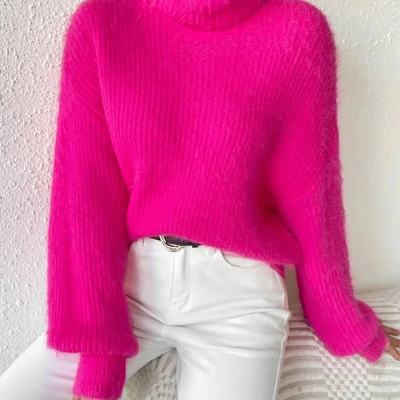 Hot Pink Casual Women's Turtleneck Drop Shoulder Fuzzy Sweater - Picture 6 of 6